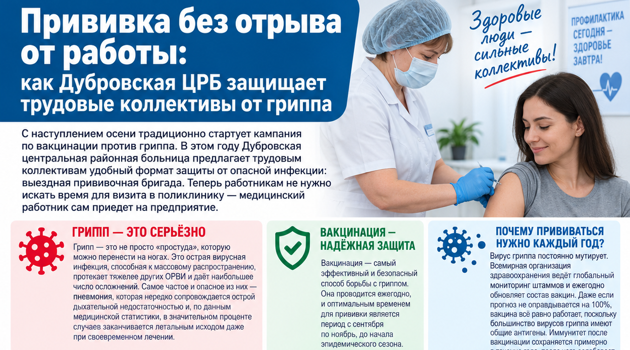 Прививка без отрыва от работы: как Дубровская ЦРБ защищает трудовые коллективы от гриппа